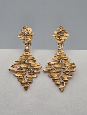 Vintage D’Orlan Modernist Statement Earrings Gold Tone Crystal Signed 2”
